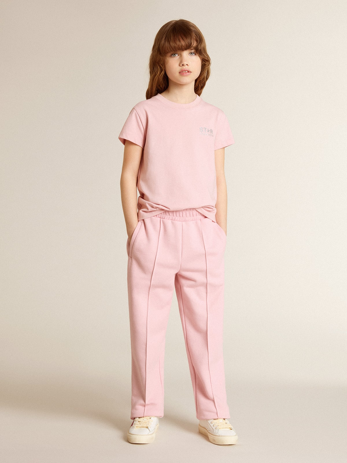 Girls' pink T-shirt with silver glitter logo and maxi star - Golden Goose Kids