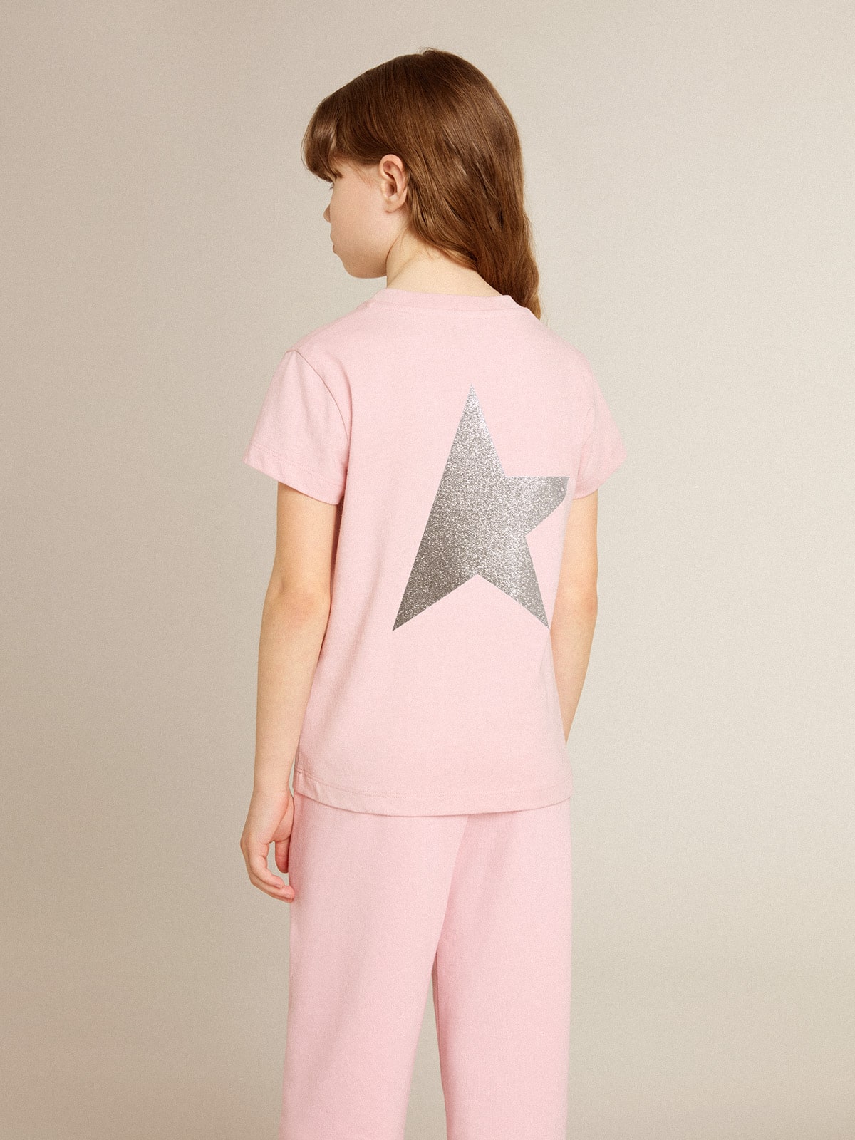 Girls' pink T-shirt with silver glitter logo and maxi star - Golden Goose Kids
