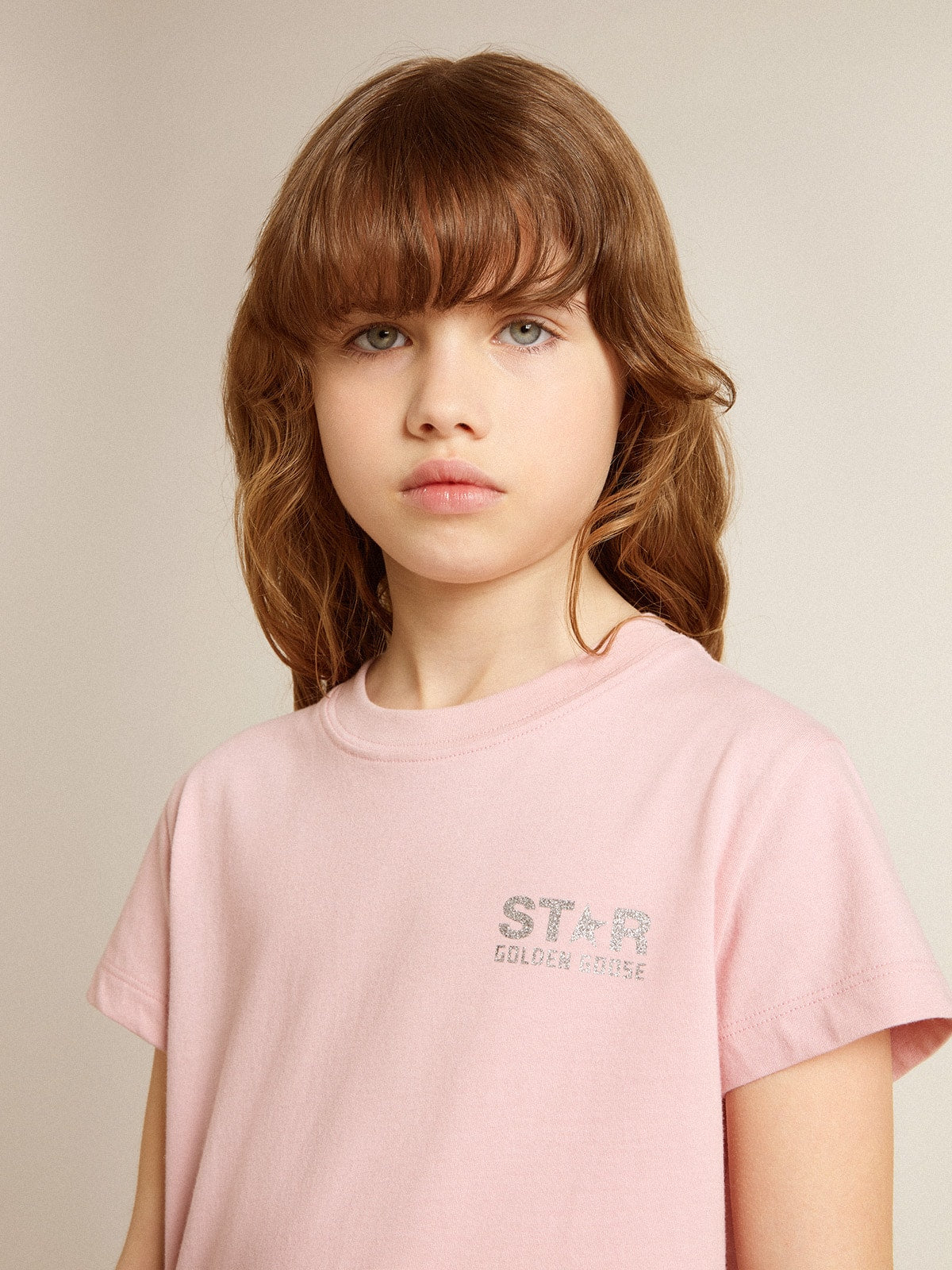 Girls' pink T-shirt with silver glitter logo and maxi star - Golden Goose Kids
