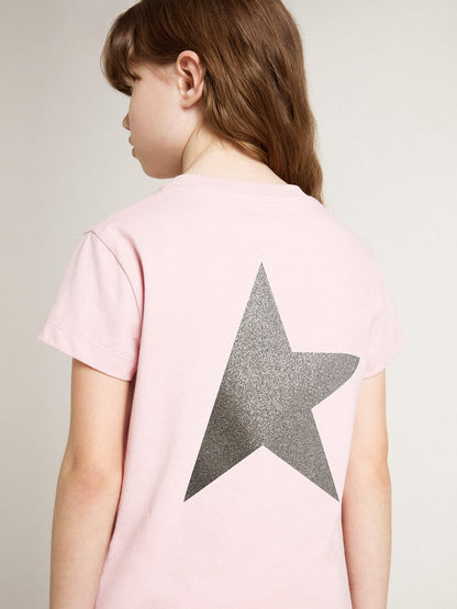 Girls' pink T-shirt with silver glitter logo and maxi star - Golden Goose Kids