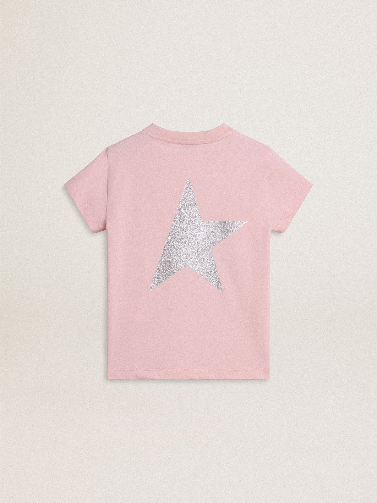 Girls' pink T-shirt with silver glitter logo and maxi star - Golden Goose Kids