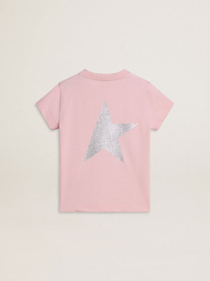 Girls' pink T-shirt with silver glitter logo and maxi star - Golden Goose Kids