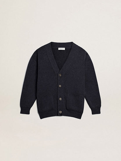 Dark blue cotton cardigan with logo on the back - Golden Goose Kids