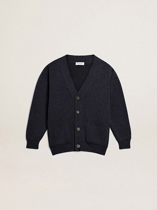 Dark blue cotton cardigan with logo on the back - Golden Goose Kids