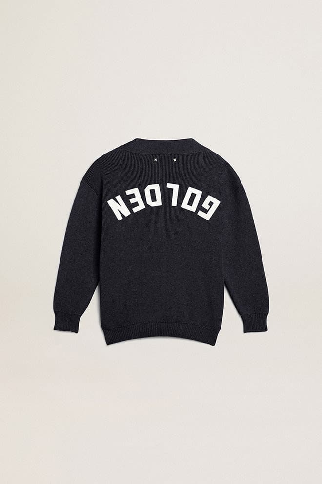 Dark blue cotton cardigan with logo on the back - Golden Goose Kids