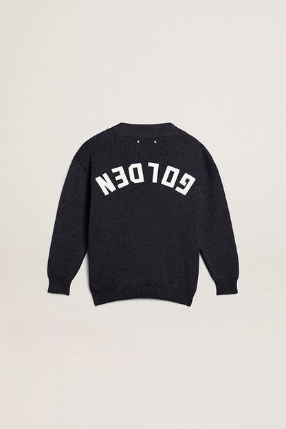 Dark blue cotton cardigan with logo on the back - Golden Goose Kids