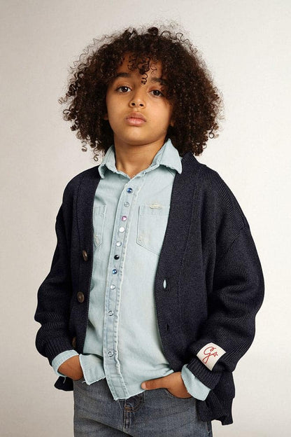 Dark blue cotton cardigan with logo on the back - Golden Goose Kids