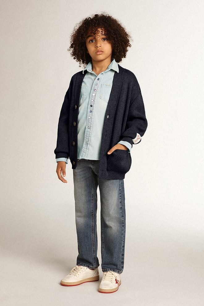 Dark blue cotton cardigan with logo on the back - Golden Goose Kids