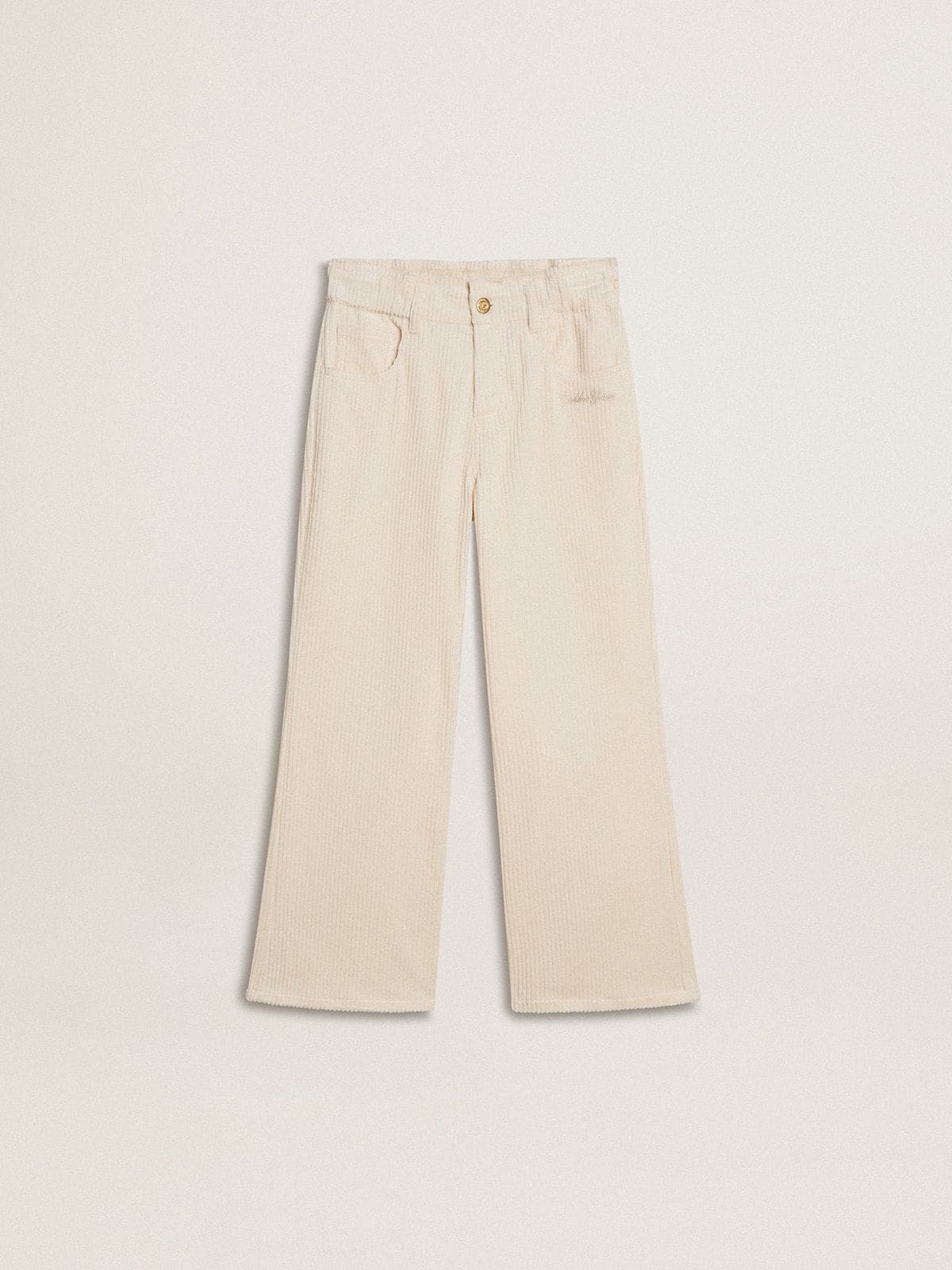 Girls’ wide ribbed cream-colored trousers with embroidery - Golden Goose Kids