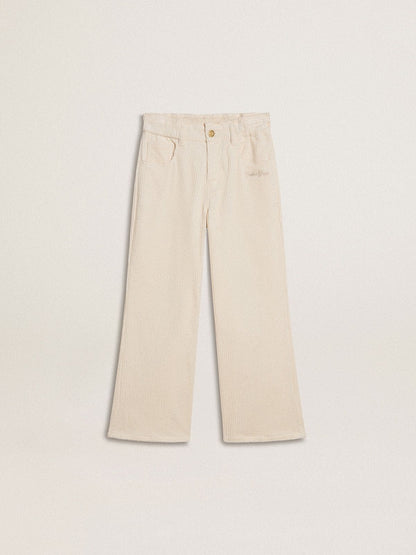 Girls’ wide ribbed cream-colored trousers with embroidery - Golden Goose Kids