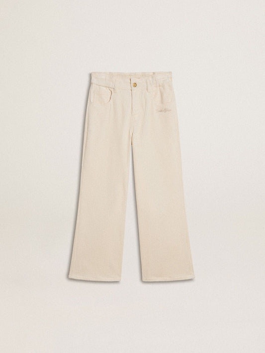 Girls’ wide ribbed cream-colored trousers with embroidery - Golden Goose Kids
