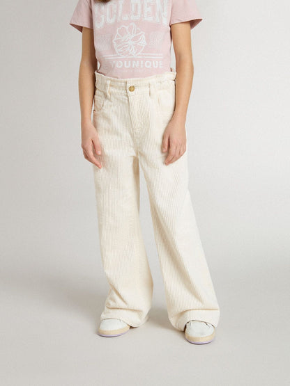 Girls’ wide ribbed cream-colored trousers with embroidery - Golden Goose Kids