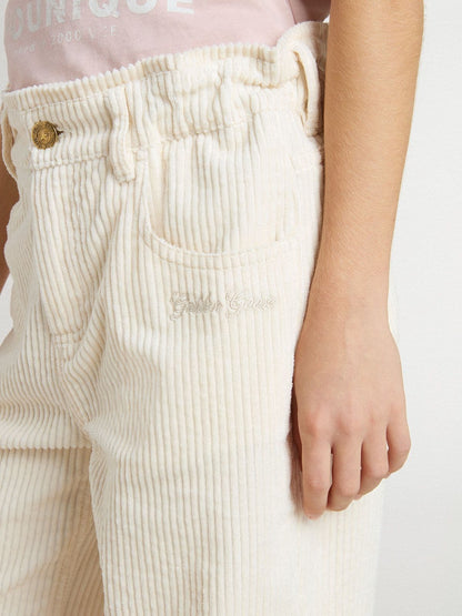 Girls’ wide ribbed cream-colored trousers with embroidery - Golden Goose Kids