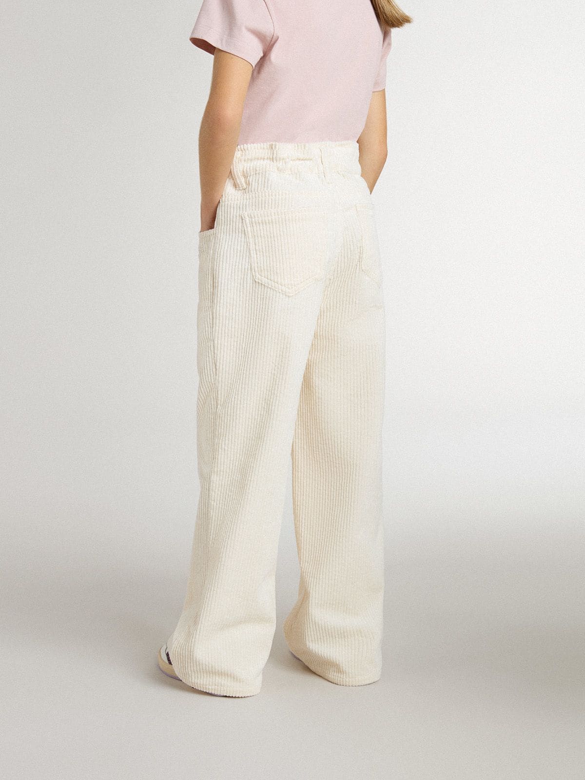 Girls’ wide ribbed cream-colored trousers with embroidery - Golden Goose Kids