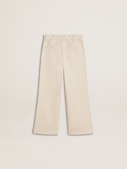 Girls’ wide ribbed cream-colored trousers with embroidery - Golden Goose Kids