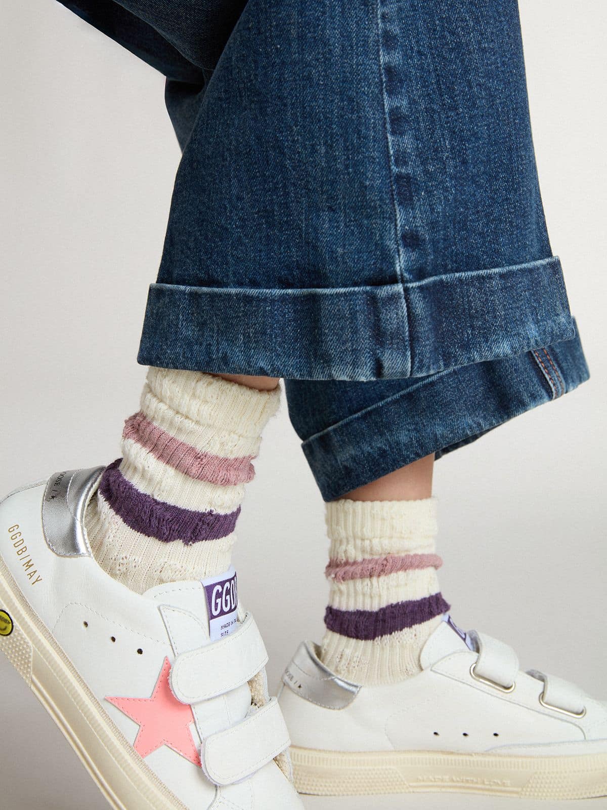 Kids’ white socks with pink and purple stripes - Golden Goose Kids