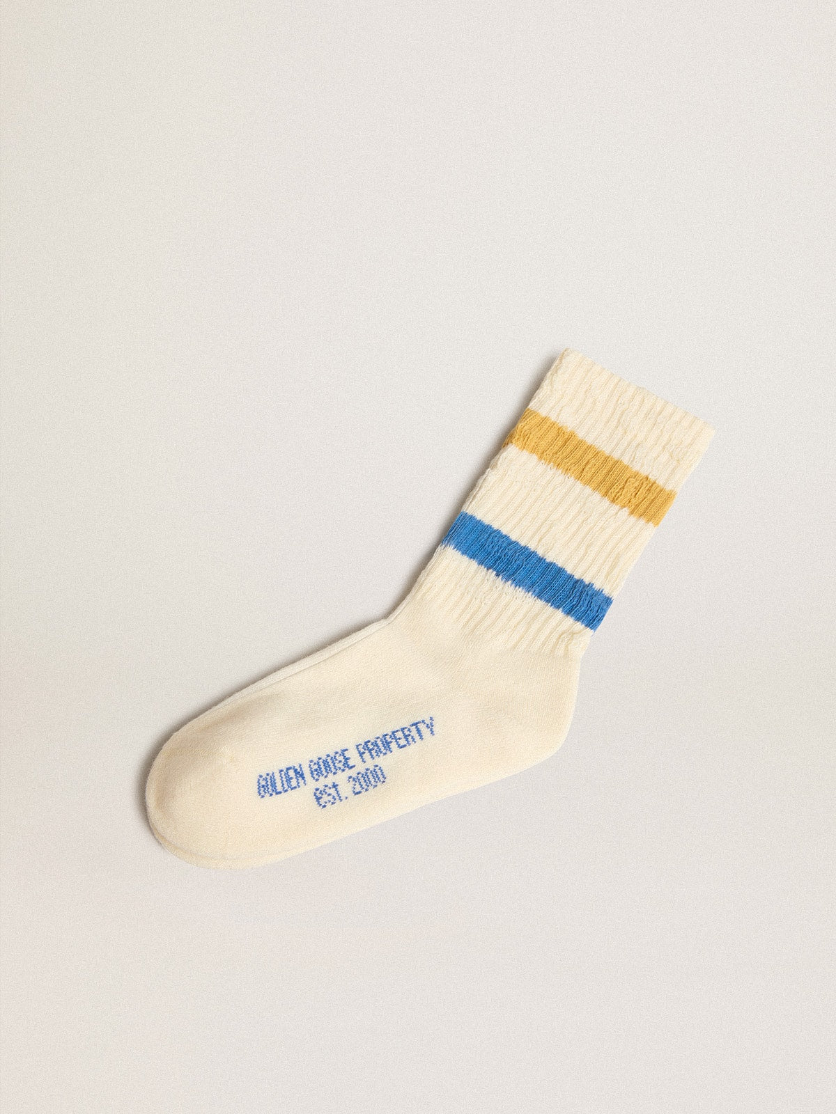 Worn white Kids socks with distressed details and two-tone bright blue and mustard stripes - Golden Goose Kids