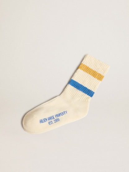 Worn white Kids socks with distressed details and two-tone bright blue and mustard stripes - Golden Goose Kids
