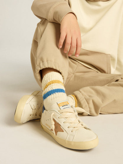 Worn white Kids socks with distressed details and two-tone bright blue and mustard stripes - Golden Goose Kids