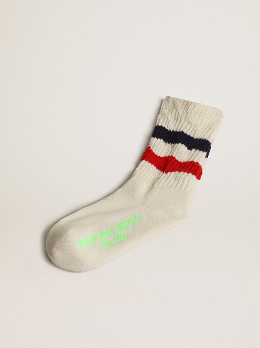 Socks in distressed-finish white cotton with red and navy stripes - Golden Goose Kids