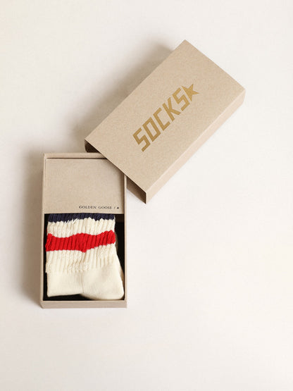 Socks in distressed-finish white cotton with red and navy stripes - Golden Goose Kids