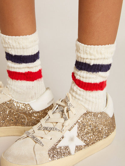Socks in distressed-finish white cotton with red and navy stripes - Golden Goose Kids