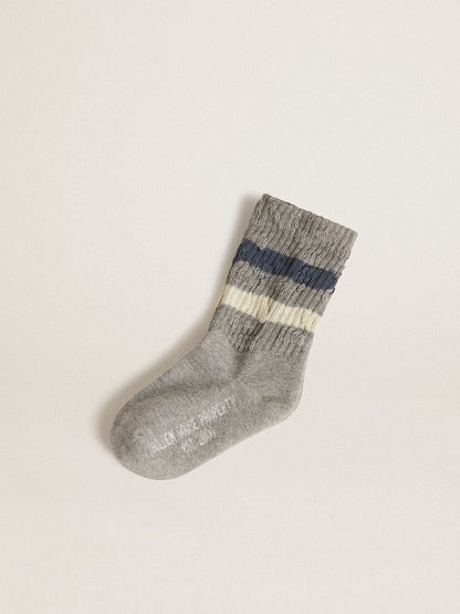 Kids’ gray socks with distressed details and worn-white and blue stripes - Golden Goose Kids