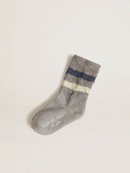 Kids’ gray socks with distressed details and worn-white and blue stripes - Golden Goose Kids