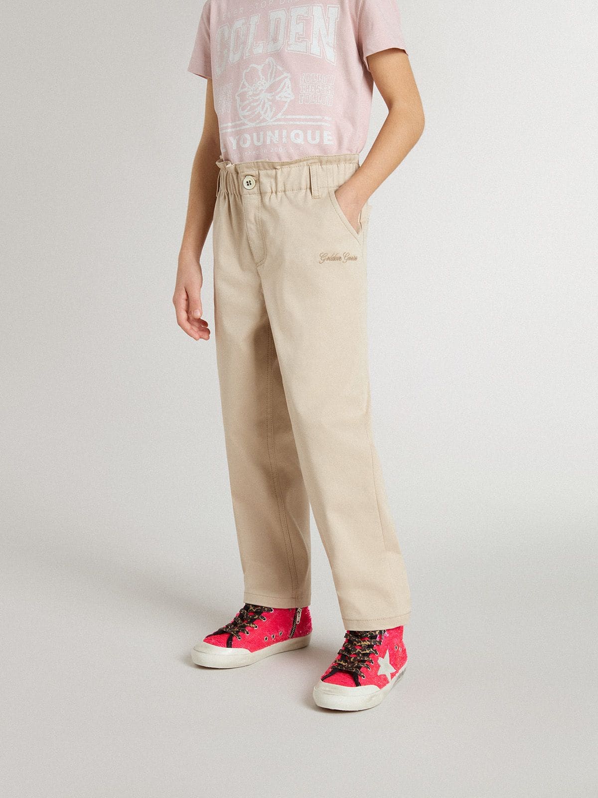 Girls' beige cotton pants with embroidery - Golden Goose Kids