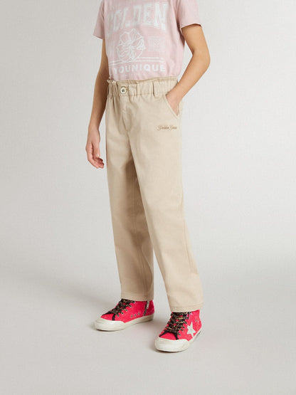 Girls' beige cotton pants with embroidery - Golden Goose Kids