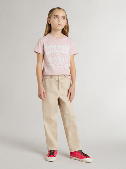 Girls' beige cotton pants with embroidery - Golden Goose Kids