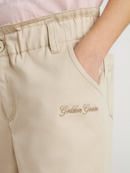 Girls' beige cotton pants with embroidery - Golden Goose Kids