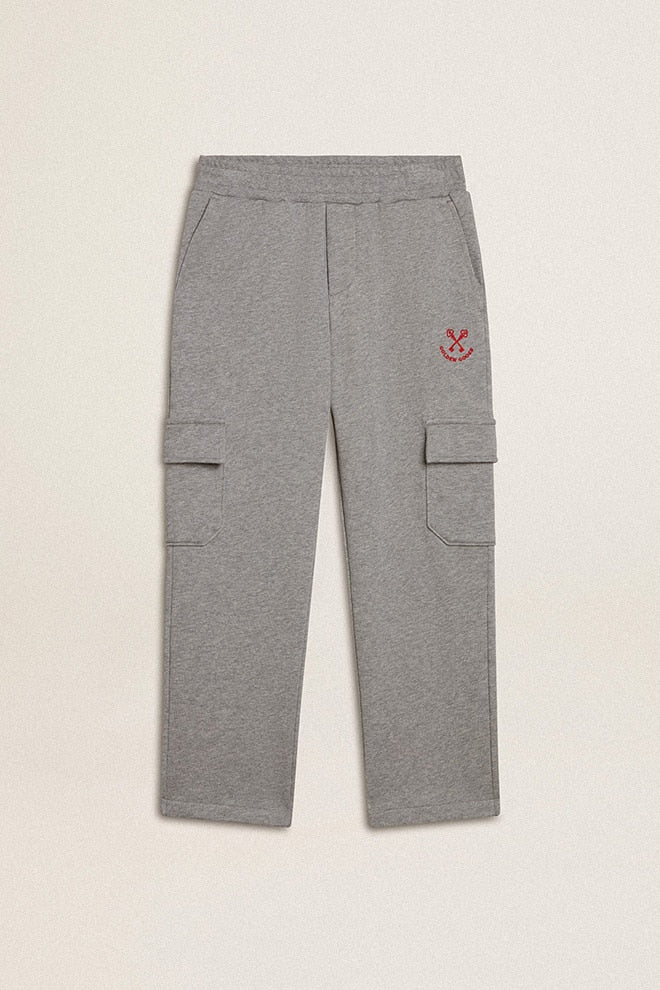 Gray melange cotton cargo joggers with embroidery - Golden Goose Kids
