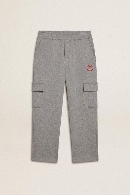 Gray melange cotton cargo joggers with embroidery - Golden Goose Kids