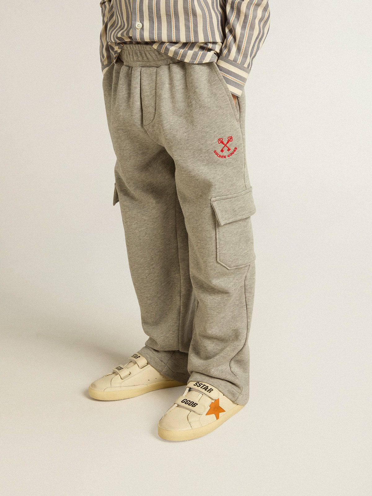 Gray melange cotton cargo joggers with embroidery - Golden Goose Kids