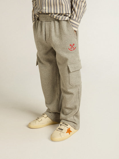 Gray melange cotton cargo joggers with embroidery - Golden Goose Kids