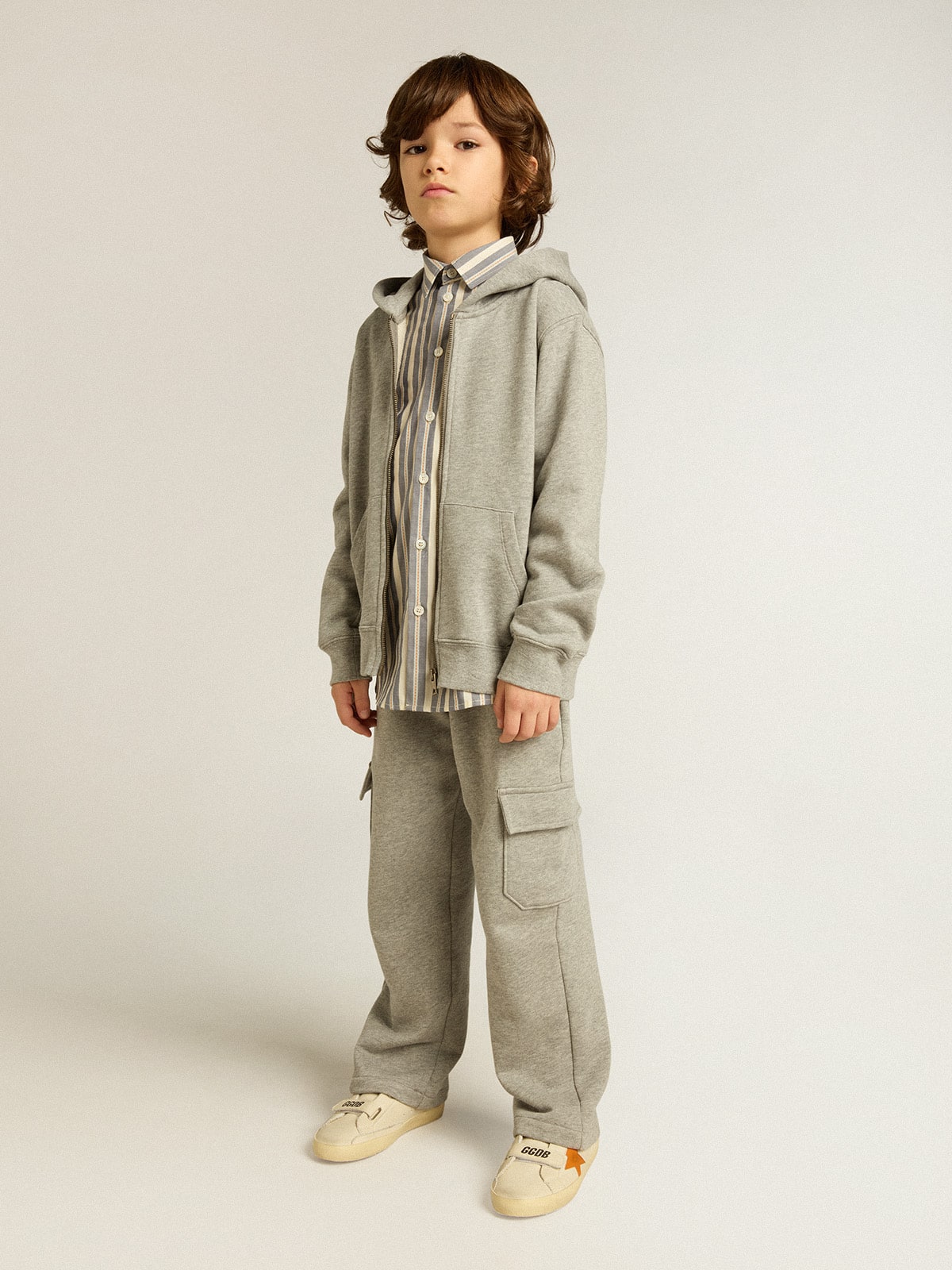 Gray melange cotton cargo joggers with embroidery - Golden Goose Kids
