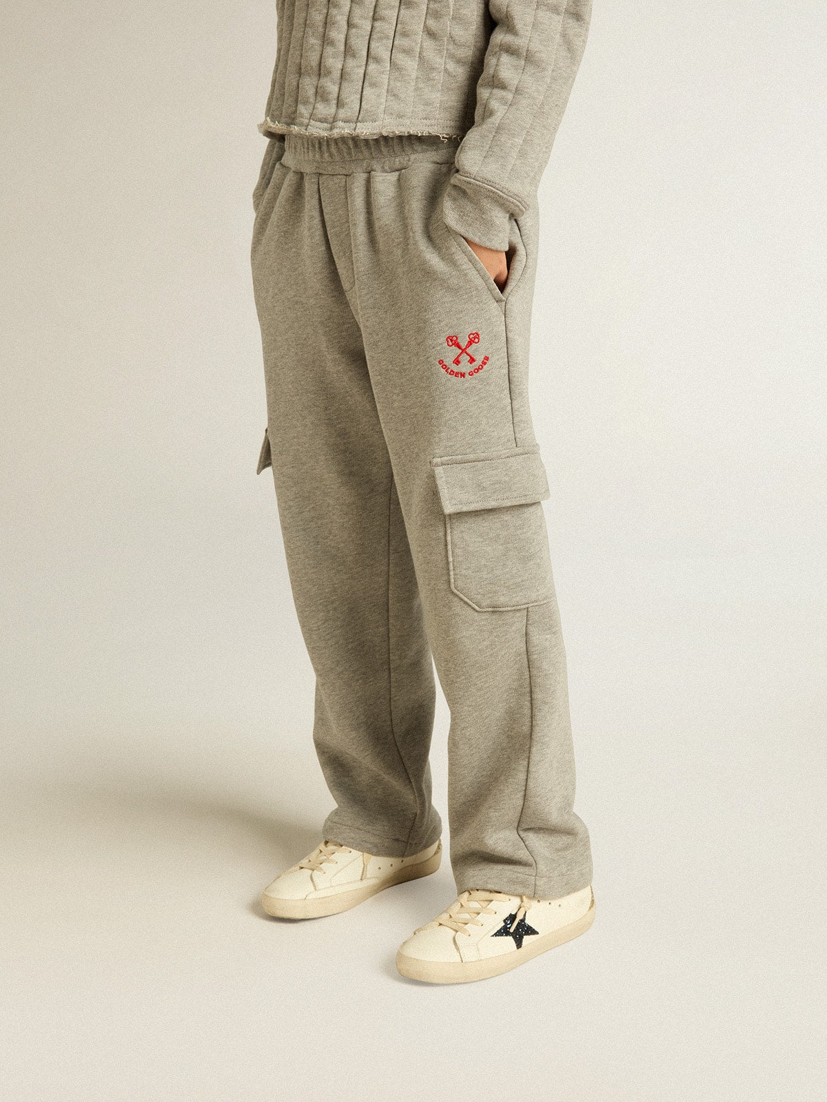 Gray melange cotton cargo joggers with embroidery - Golden Goose Kids