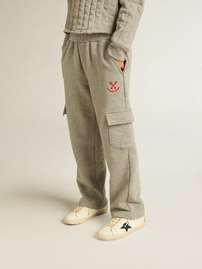 Gray melange cotton cargo joggers with embroidery - Golden Goose Kids