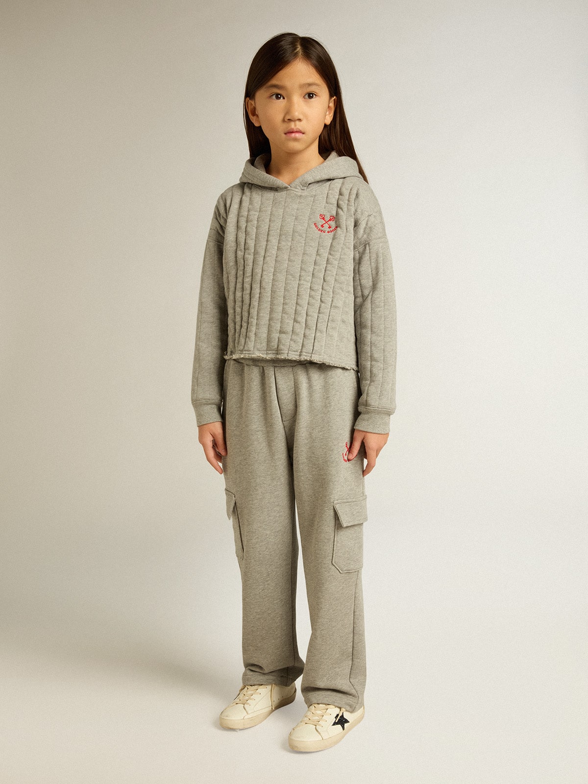 Gray melange cotton cargo joggers with embroidery - Golden Goose Kids