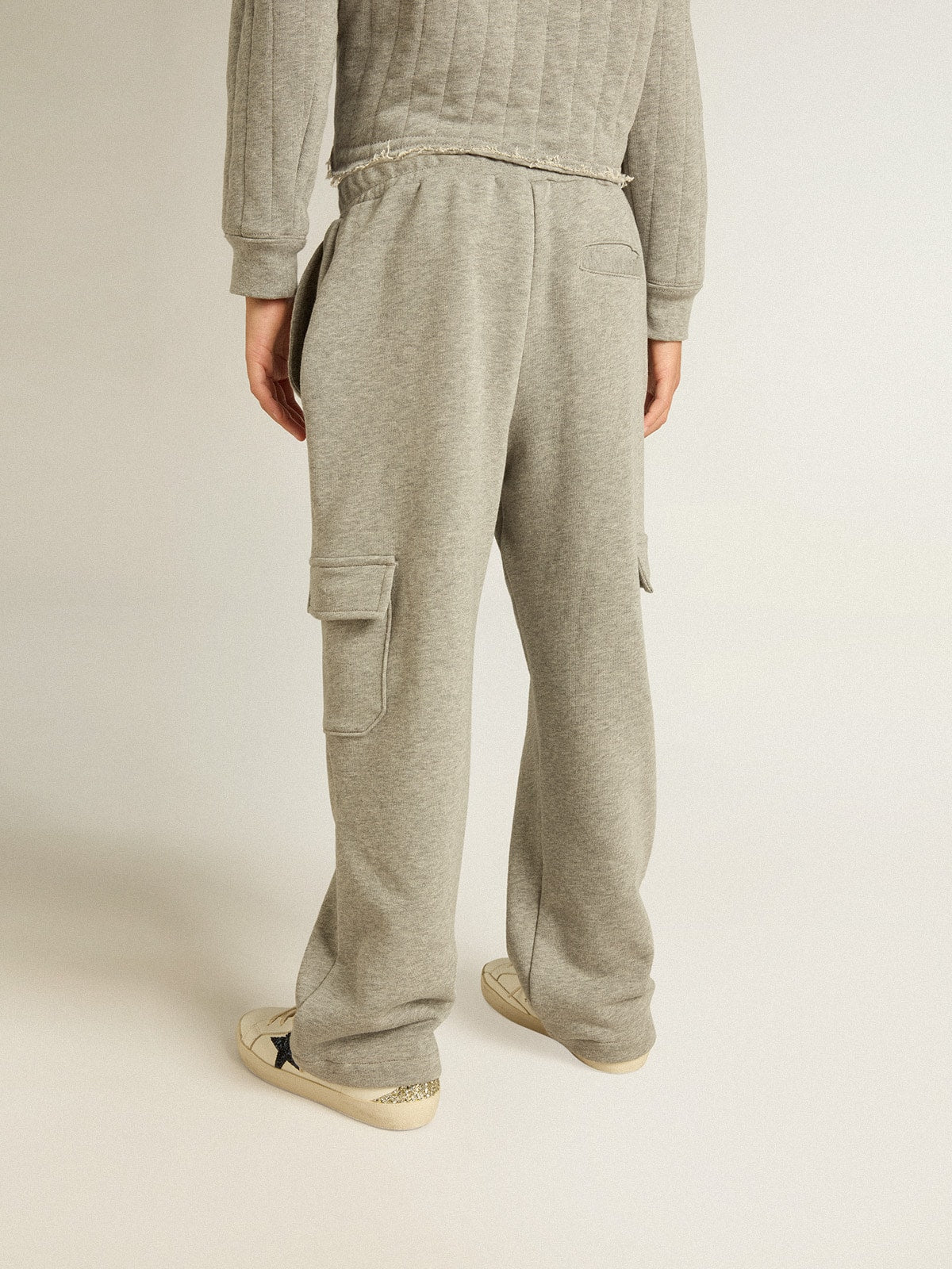 Gray melange cotton cargo joggers with embroidery - Golden Goose Kids