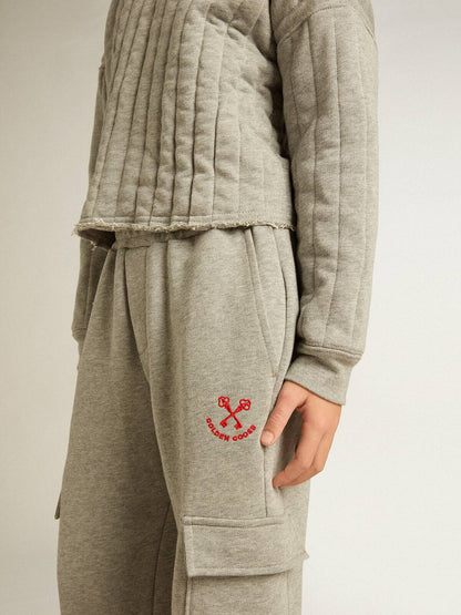 Gray melange cotton cargo joggers with embroidery - Golden Goose Kids