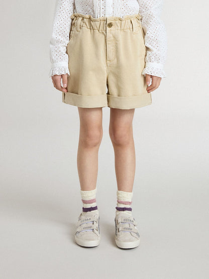 Girls' sand-colored shorts with embroidered logo - Golden Goose Kids