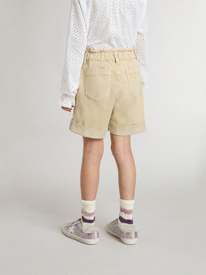 Girls' sand-colored shorts with embroidered logo - Golden Goose Kids