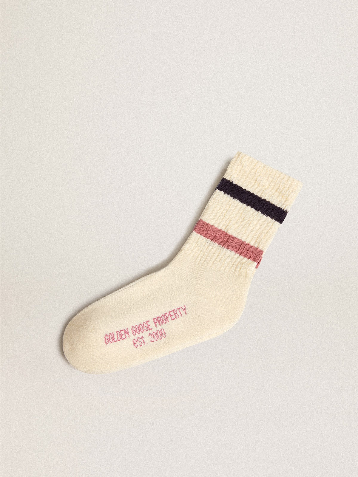 Worn white Kids socks with distressed details and two-tone lilac and blue stripes - Golden Goose Kids