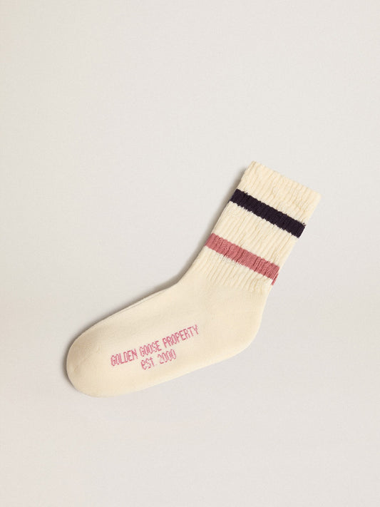 Worn white Kids socks with distressed details and two-tone lilac and blue stripes - Golden Goose Kids