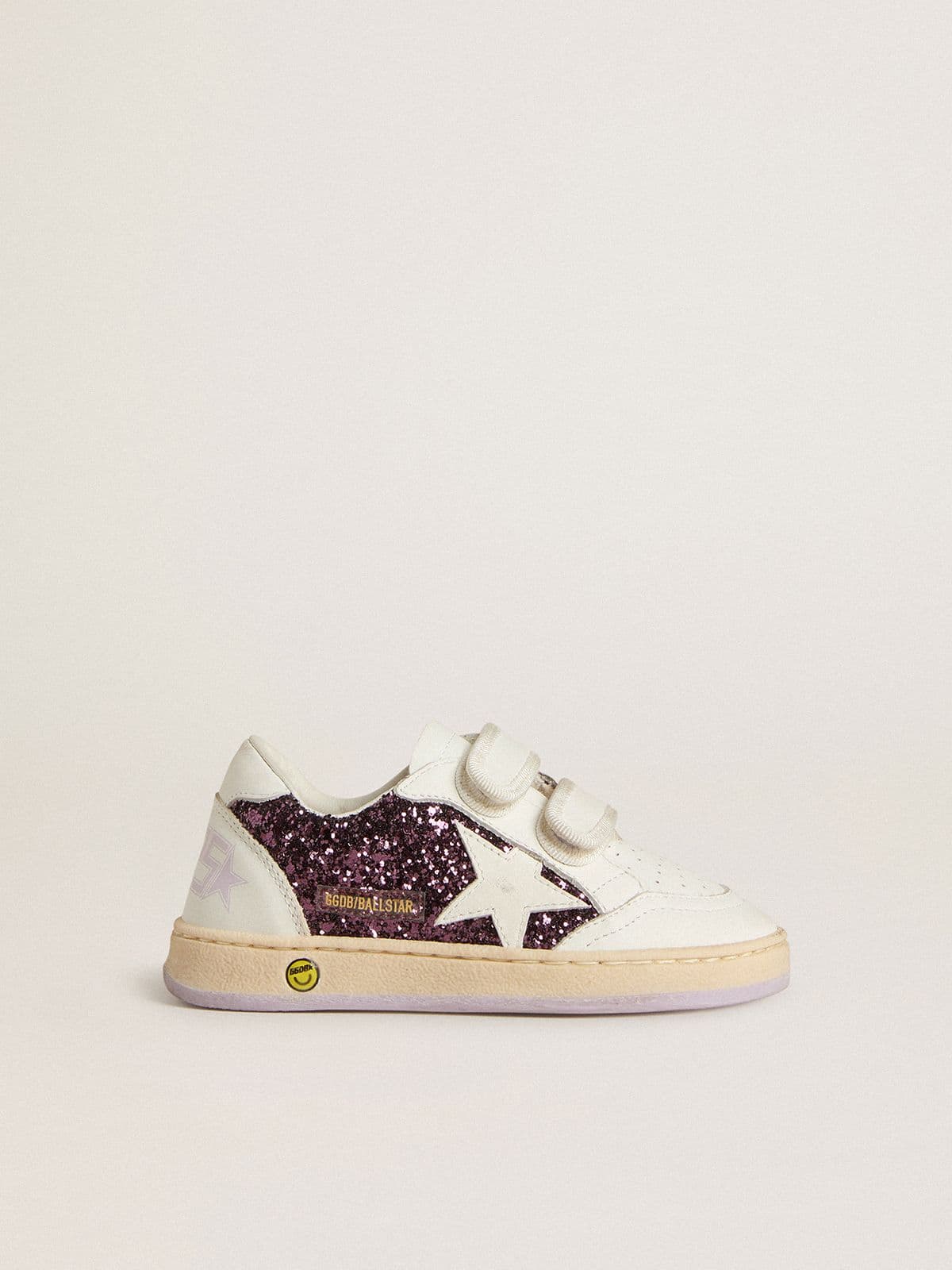 Junior Ball Star in purple glitter with white leather star and heel tab - Golden Goose Kids