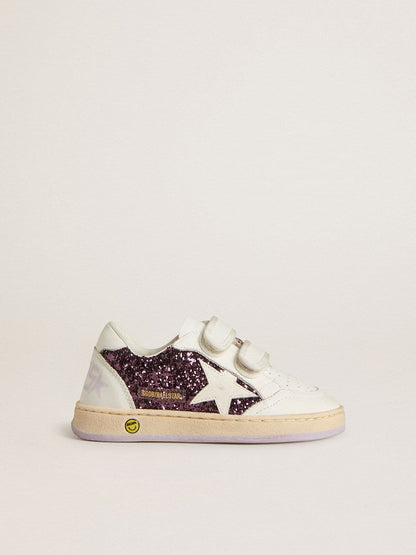 Junior Ball Star in purple glitter with white leather star and heel tab - Golden Goose Kids