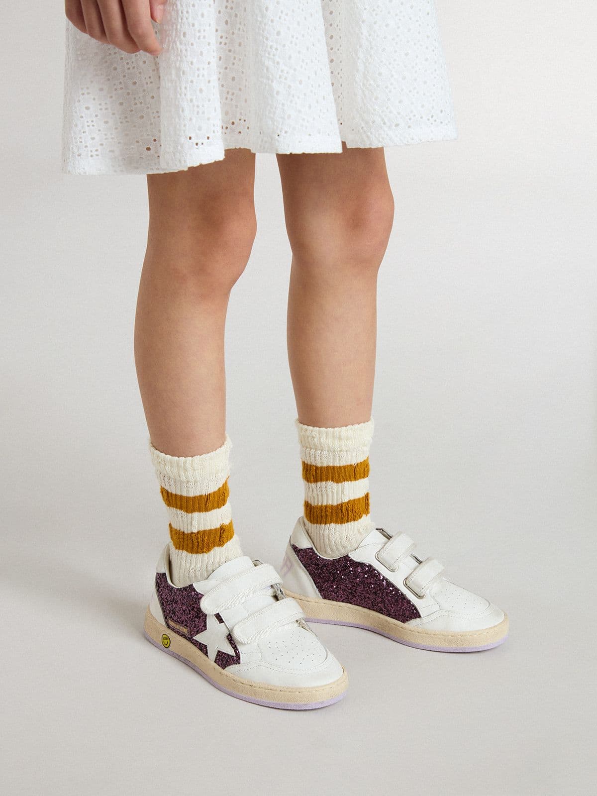 Junior Ball Star in purple glitter with white leather star and heel tab - Golden Goose Kids