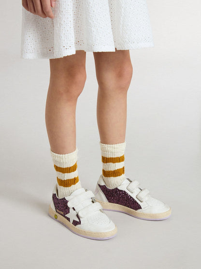 Junior Ball Star in purple glitter with white leather star and heel tab - Golden Goose Kids
